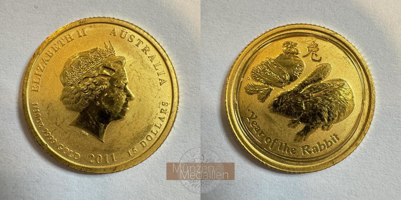  Australien 15 Dollars Year of the Rabbit 2011 MM-Frankfurt KM#1482 Feingold: 3,13g   