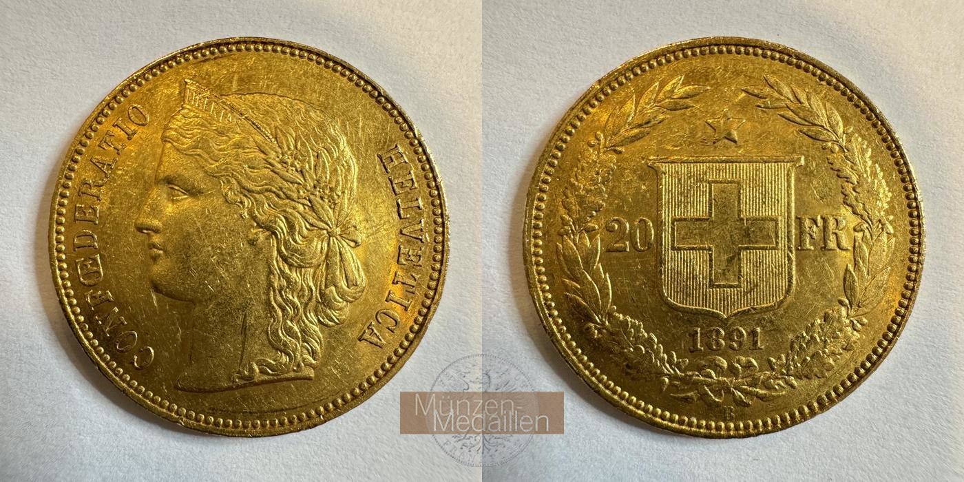  Schweiz 20 Francs (Helvetica) 1891.  MM-Frankfurt KM#31 Feingold: 5,81   