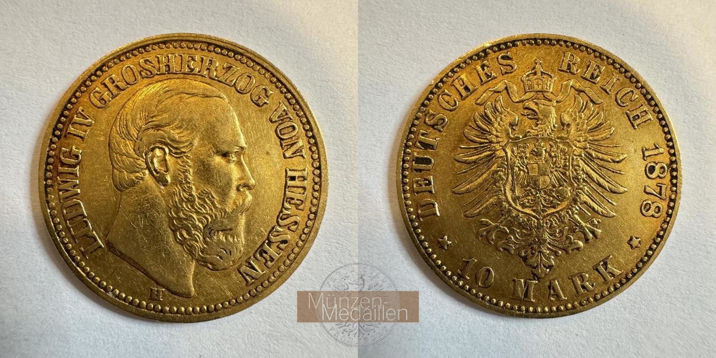  Dt. Reich Hessen, Ludwig IV.  10 Mark 1878 A MM-Frankfurt KM#358 Feingold: 3,584g   