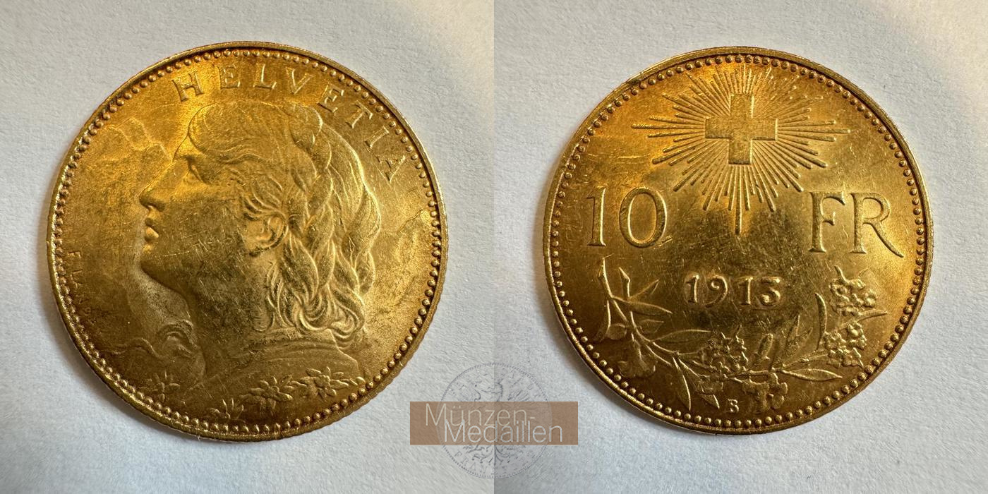  Schweiz 10 Francs 1913 (1911-22) 'B' MM-Frankfurt KM#36 Feingold: 2,9g   
