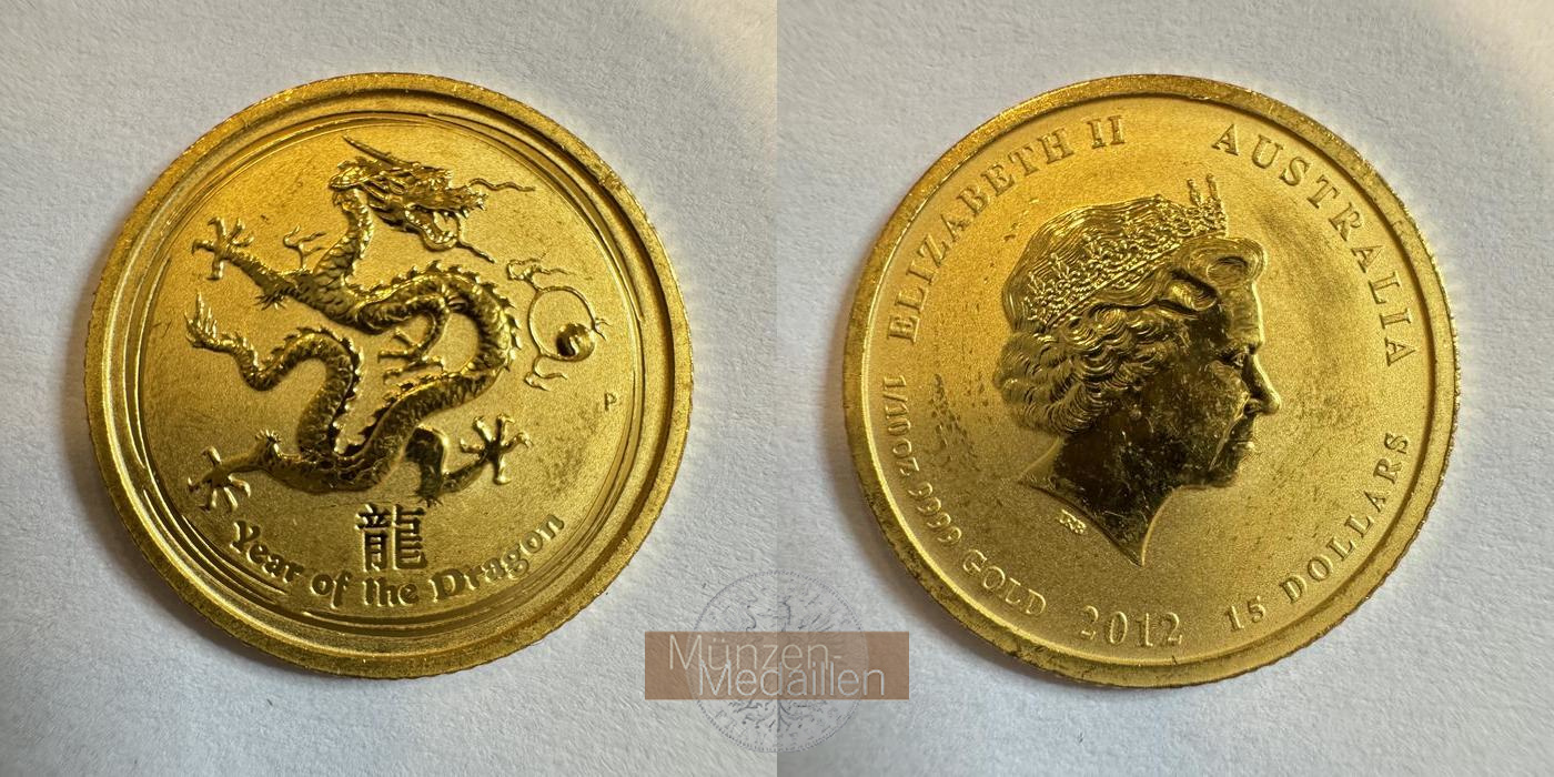 Australien  15 Dollar MM-Frankfurt KM#1671 Feingold: 3,13g Year of the Dragon 2012 