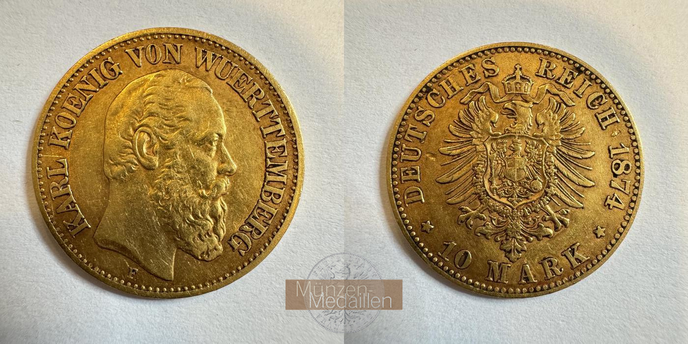 Deutsches Kaiserreich. Württemberg MM-Frankfurt KM#624 Feingold: 3,58g Karl I. 10 Mark 1874 F 