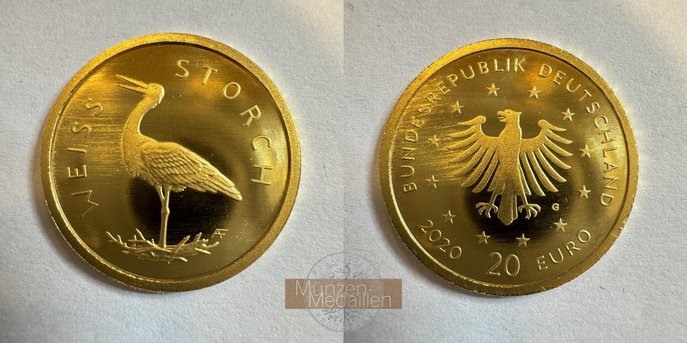 BRD. 20 Euro MM-Frankfurt Feingold: 3,89g Einheimische Vögel - Weißstorch 2020 G 
