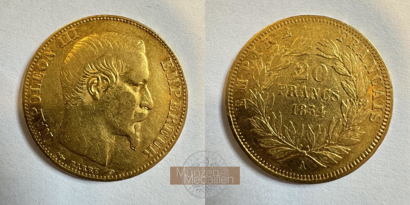 Frankreich, Napoleon III MM-Frankfurt KM#781 Feingold: 5,81g 20 Francs (1853-1860) 1854 A 