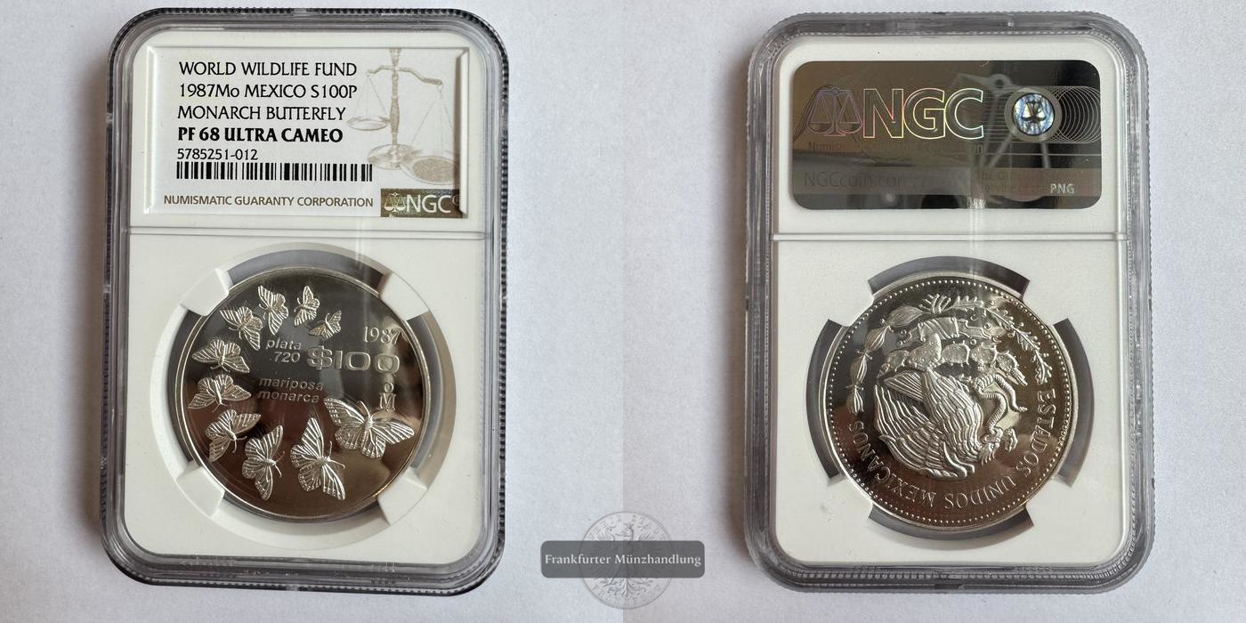  Mexico / 100 Pesos (Mariposa Monarca) 1987 PF 68 NGC Graded FM-Frankfurt KM#537 Feinsilber: 23,5g   