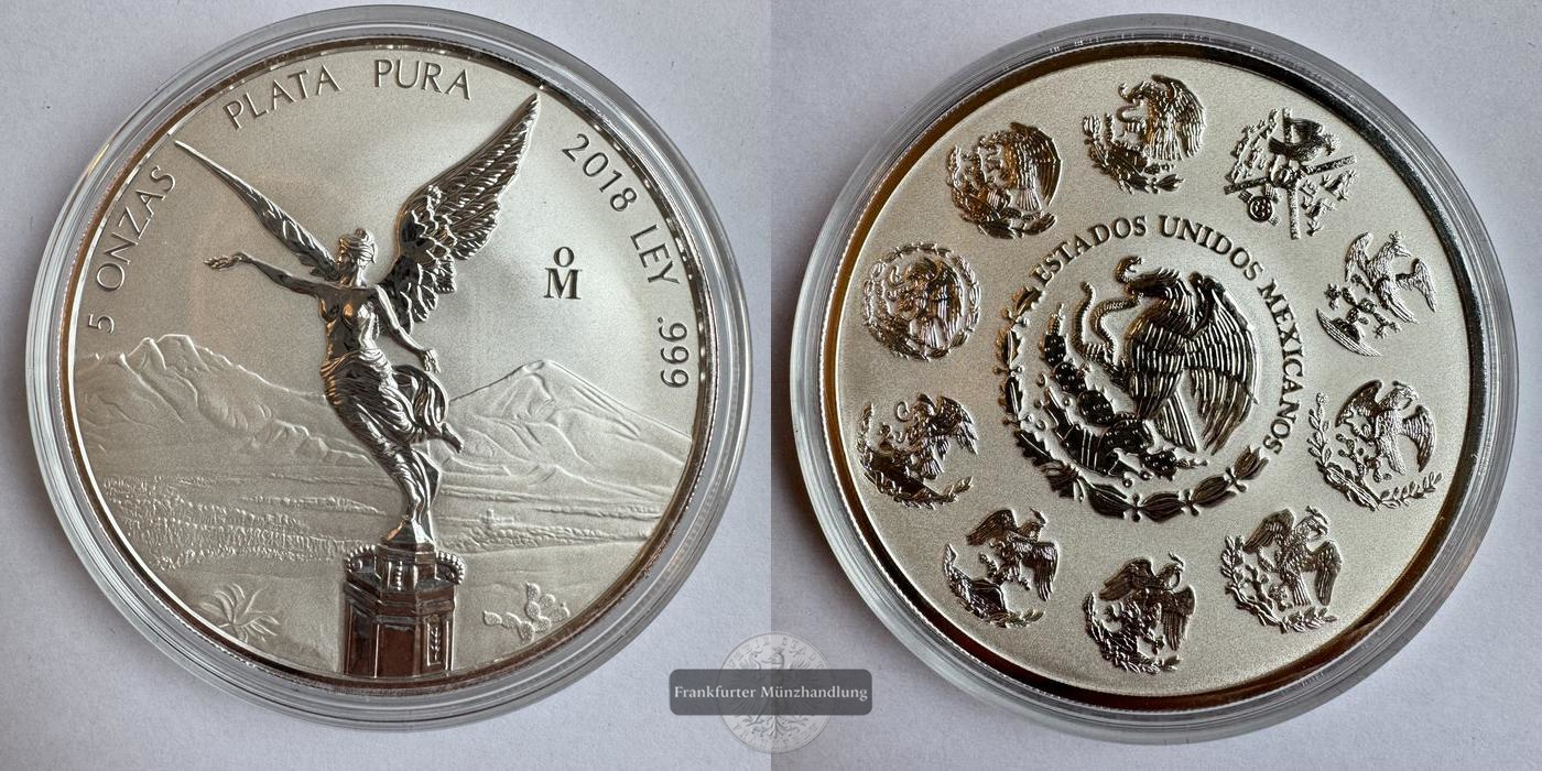  Mexiko / 5 Onzas Libertad 2018 (1996-2024) Reverse Proof FM-Frankfurt KM#615 Feinsilber: 155,5g   