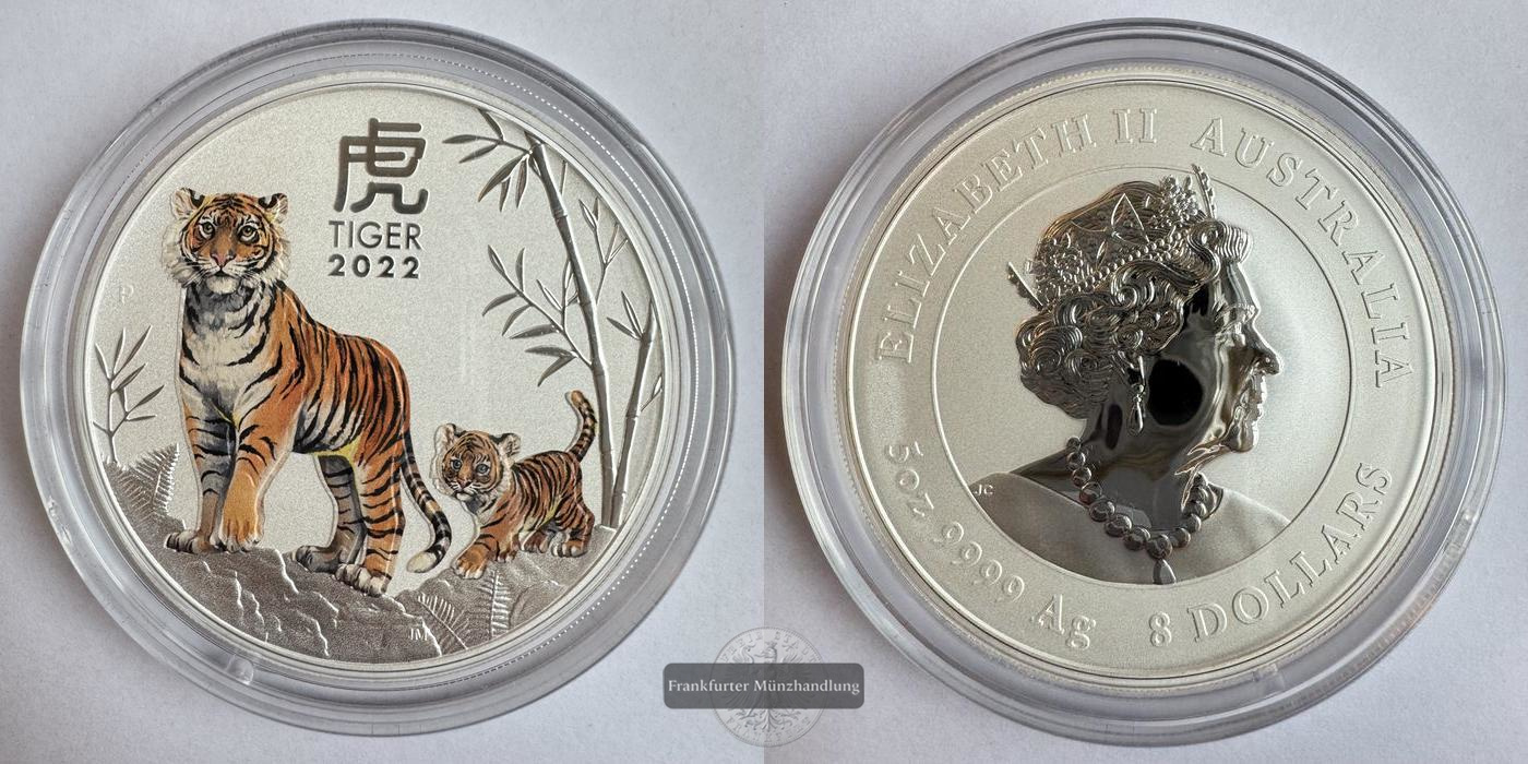  Australien / 8 Dollar Jahr des Tigers 2022 FM-Frankfurt Feinsilber: 155,5g   