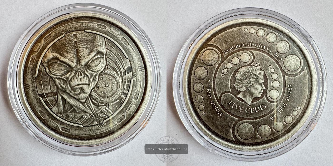  Ghana /  5 Cedis (Alien) 2022 Antique Finish FM-Frankfurt Feinsilber: 31,1g   