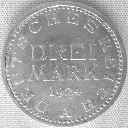  3 Mark 1924 A, J 312, Ag 500 7,5 g fein   