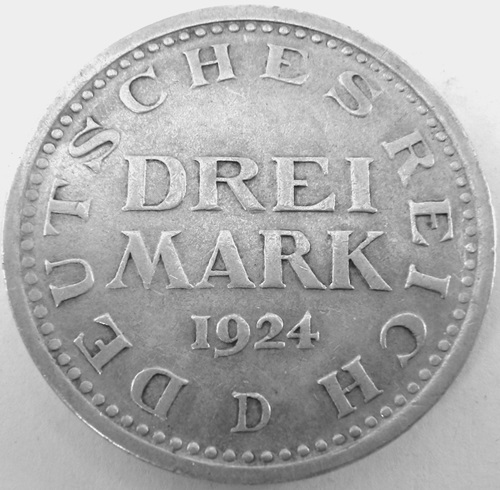  3 Mark 1924 D, J 312 Ag 500 7,5 g fein   