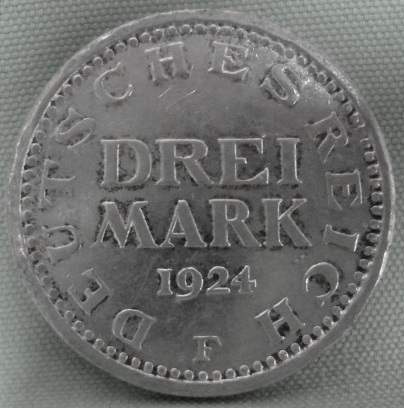  3 Mark 1924 F, J 312 Ag 500 7,5 g fein   