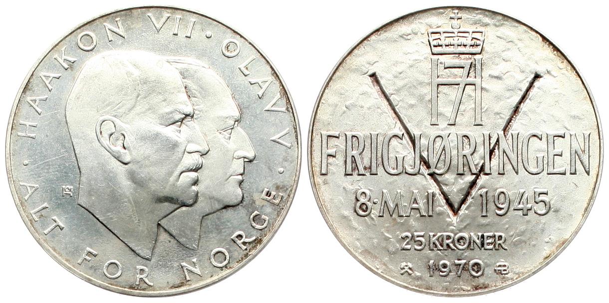  Norwegen: Olav V., 25 Kroner 1970, schöne Patina, näheres unten, TOP-EXEMPLAR!   