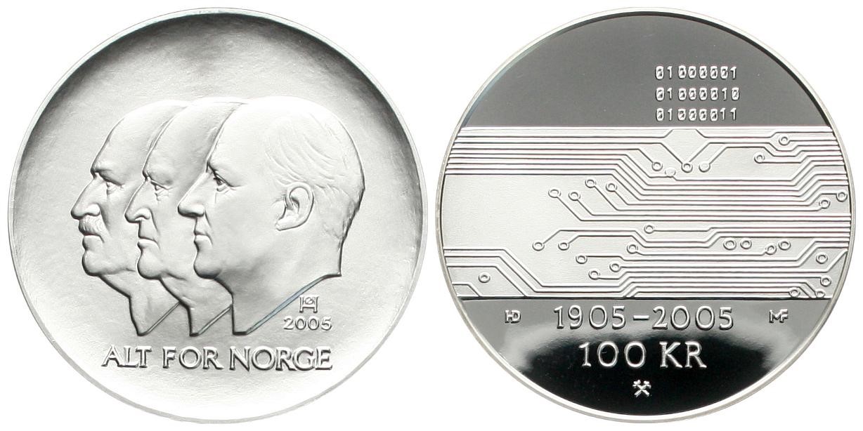  Norwegen: Harald V., 100 Kroner 2005, Infomationen siehe unten! 1 Unze Feinsilber!   