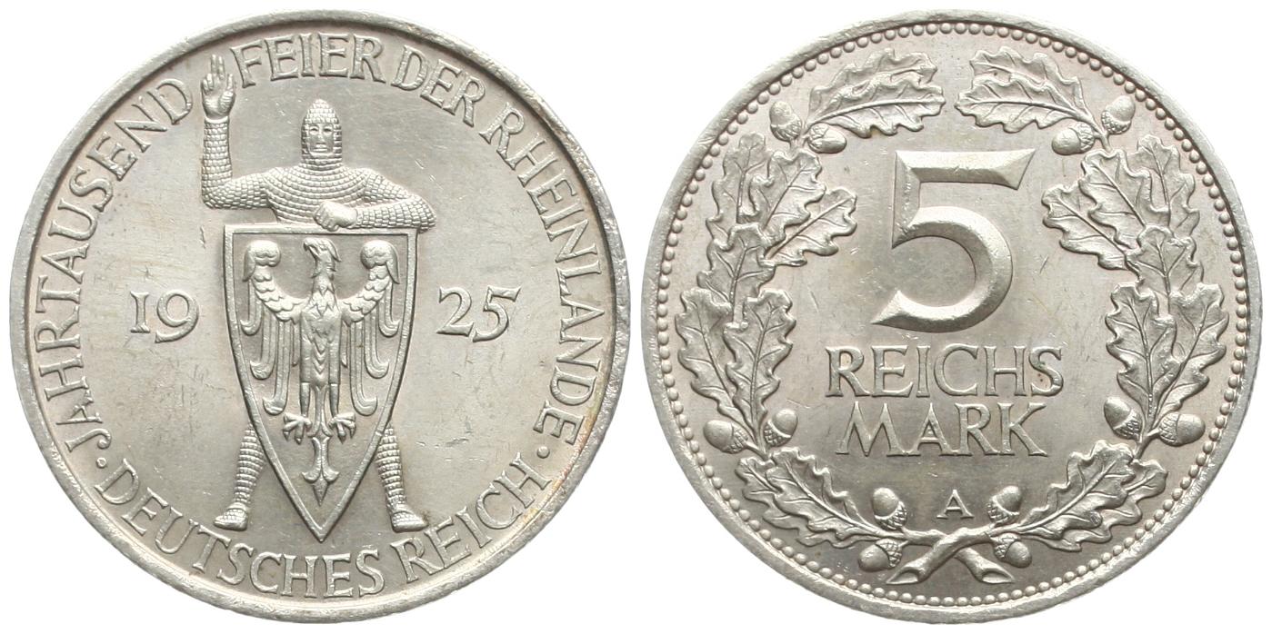  Weimarer Republik: 5 Reichsmark 1925 A, Rheinlandfeier, Silber, TOP-ERHALTUNG!! siehe unten!   