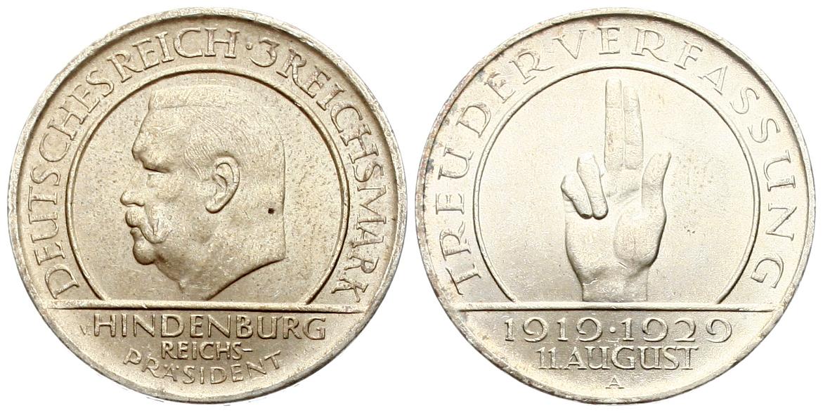  Weimarer Republik: 3 Mark 1929 A, Auf die Verfassung, TOP-Erhaltung, schöne Patina!   