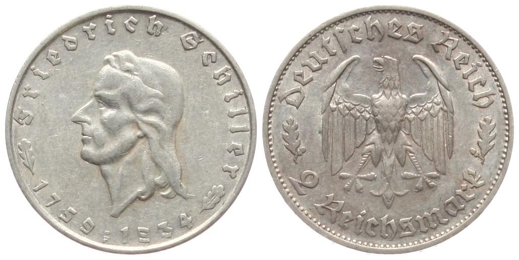  Deutschland, III. Reich: 2 mark 1934 F, auf Schiller, Silber, näheres unter   