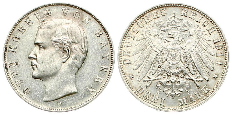  Kaiserreich, Bayern: Otto, 3 Mark 1911, Silber, schöne Patina! siehe Bilder!   