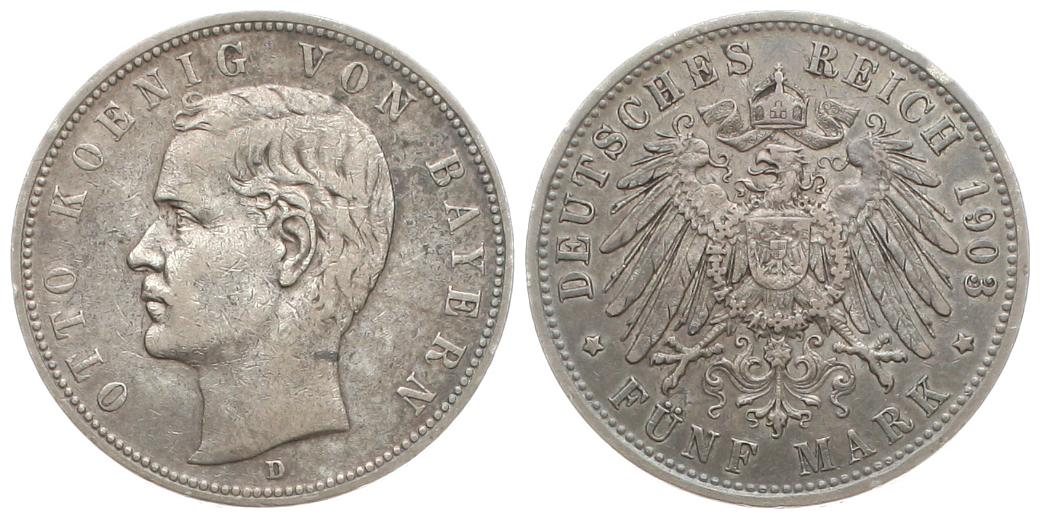  Kaiserreich, Bayern: Otto, 5 Mark 1903, Silber, schöne Patina! siehe Bilder!   