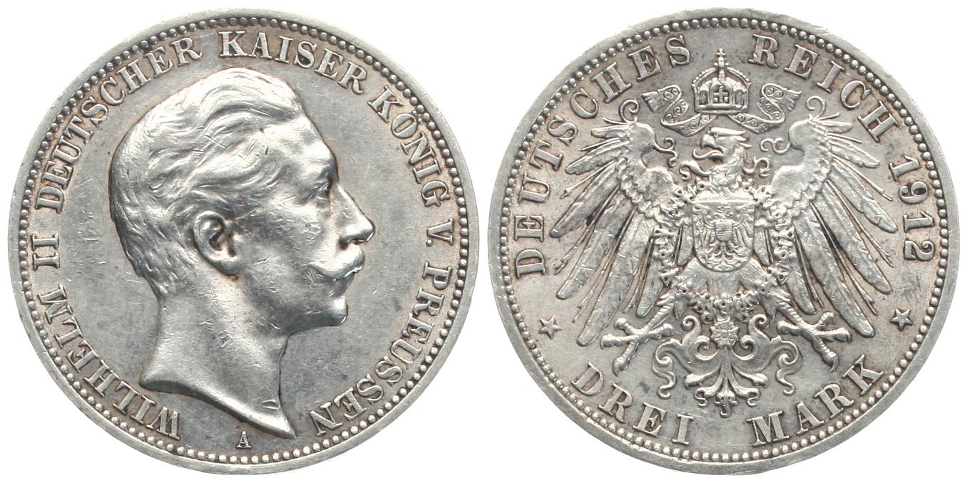  Preussen: Wilhelm II., 3 Mark 1912 A, schöne Patina!   