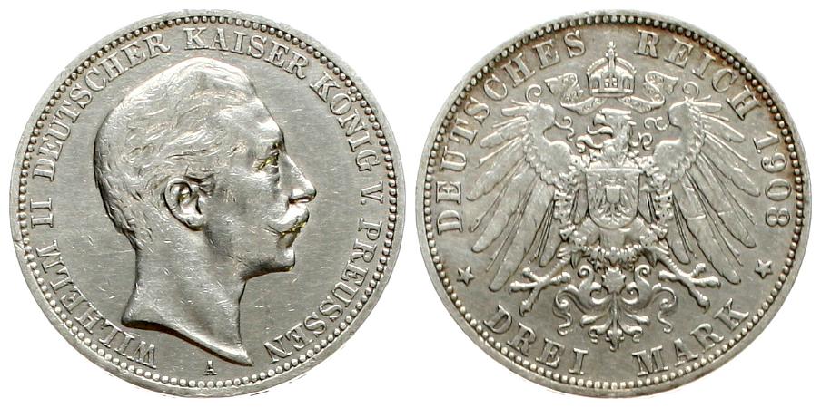  Preussen: Wilhelm II., 3 Mark 1908 A   