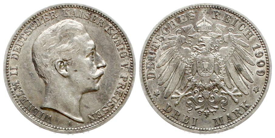  Preussen: Wilhelm II., 3 Mark 1909 A, schöne Patina!   