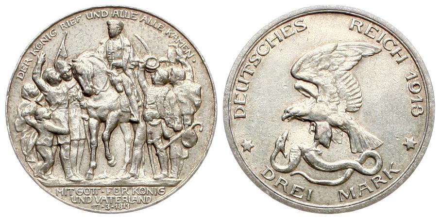 Preussen: 3 Mark 1913, Wilhelm II., Befreiungskriege fstgl   