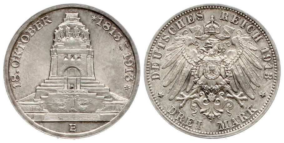  Sachsen: Friedrich August III., 3 Mark 1913, Völkerschlachtdenkmal, vz+   