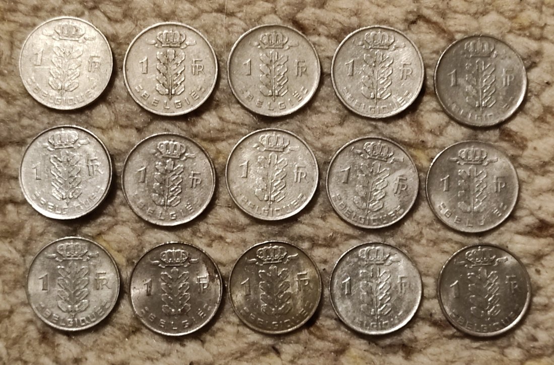  Set 015: Belgien 15 verschiedene 1 Franc Stücke   