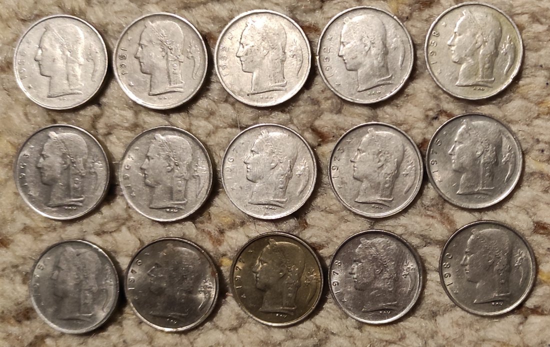  Set 015: Belgien 15 verschiedene 1 Franc Stücke   
