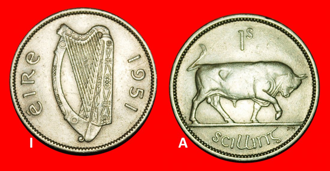  Ⰿ GREAT BRITAIN (1928-1968): IRELAND★1 SHILLING 1951 BULL! DISCOVERY COIN! ★LOW START★NO RESERVE!   