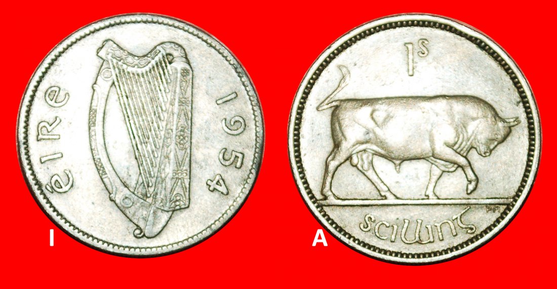  Ⰿ GREAT BRITAIN (1928-1968): IRELAND★1 SHILLING 1954 BULL! DISCOVERY COIN! ★LOW START★NO RESERVE!   