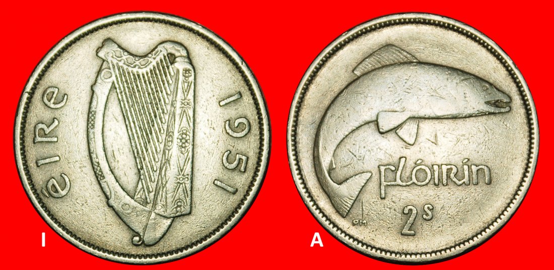  Ⰿ GREAT BRITAIN (1928-1968): IRELAND★2 SHILLINGS-FLORIN 1951 SALMON! DISCOVERY★LOW START★NO RESERVE!   