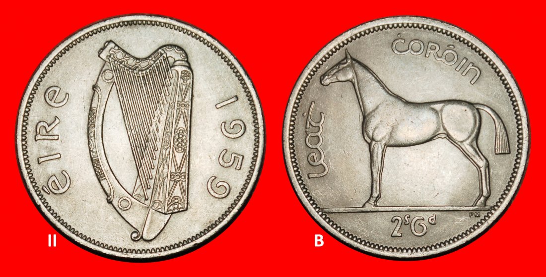  Ⰿ GREAT BRITAIN 1928-1968:IRELAND★1/2 CROWN 1959 HORSE★DISCOVERY COIN★UNCOMMON★LOW START★NO RESERVE!   