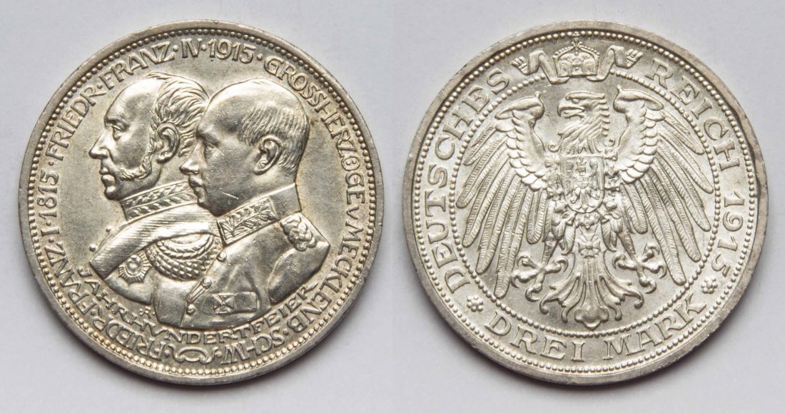  Kaiserreich Mecklenburg-Schwerin 3 Mark 1915 A Friedrich Franz IV. 1897-1918 Prägefrisch Stgl. PRACH   