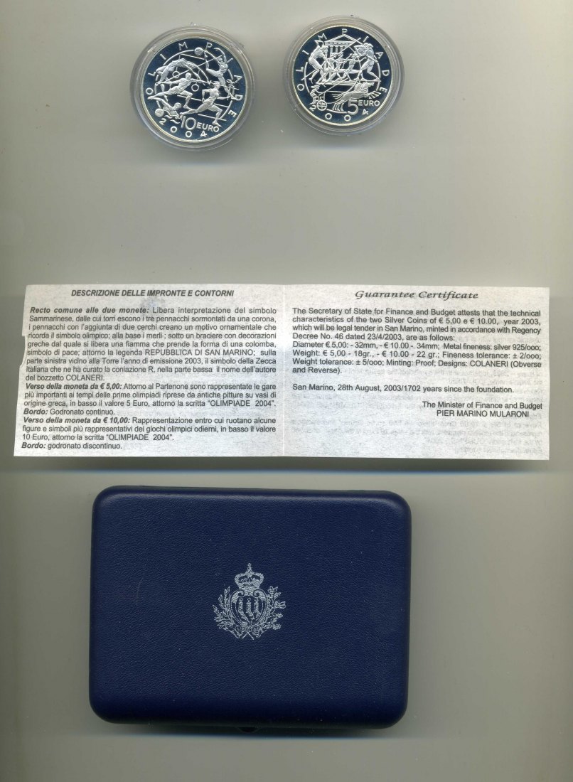 San Marino 2003 5 + 10 Euro Olympia Athen 40 Gramm 925er Silber in OVP und Umverpackung