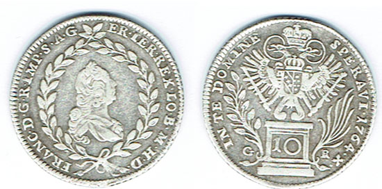  SZAIVERT RDR HABSBURG ÖSTERREICH BÖHMEN FRANZ I. STEFAN 10 KREUZER 1764 G-R GRAZ   