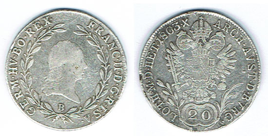  SZAIVERT RDR HABSBURG ÖSTERREICH UNGARN FRANZ II. 20 KREUZER 1803 B KREMNITZ   
