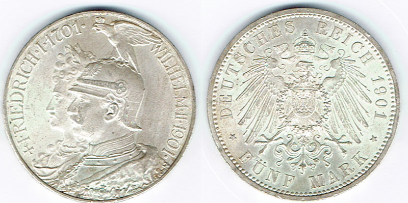  SZAIVERT KAISERREICH PREUSSEN WILHELM II. 5 MARK 1901 200 JAHRE KÖNIGREICH PREUSSEN   