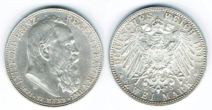  SZAIVERT KAISERREICH BAYERN LUITPOLD 2 MARK 1911   