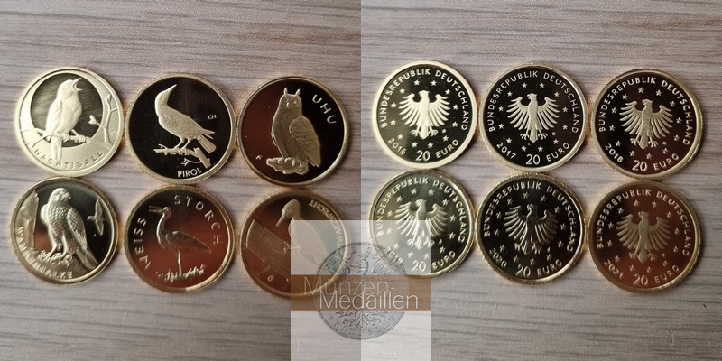 BRD 6 x 20 Euro MM-Frankfurt Feingold: 23,32g Heimische Vögel 2016-2021