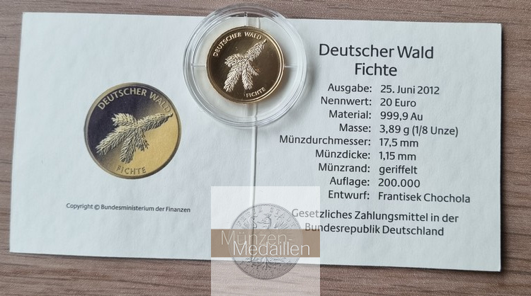 BRD   20 Euro  2012 A MM-Frankfurt  Feingold: 3,89g German Forest - Spruce Tree  