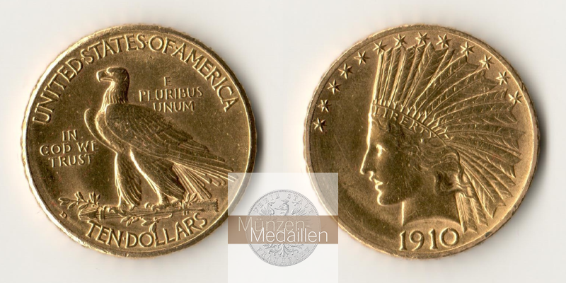 USA  10 Dollar MM-Frankfurt Feingold: 15,05g Eagle Indian Head 1910 