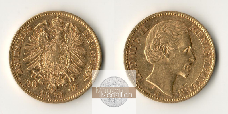Dt. Kaiserreich, Bayern Ludwig II. MM-Frankfurt KM#894 Feingold: 7,17g 20 Mark 1873 D 