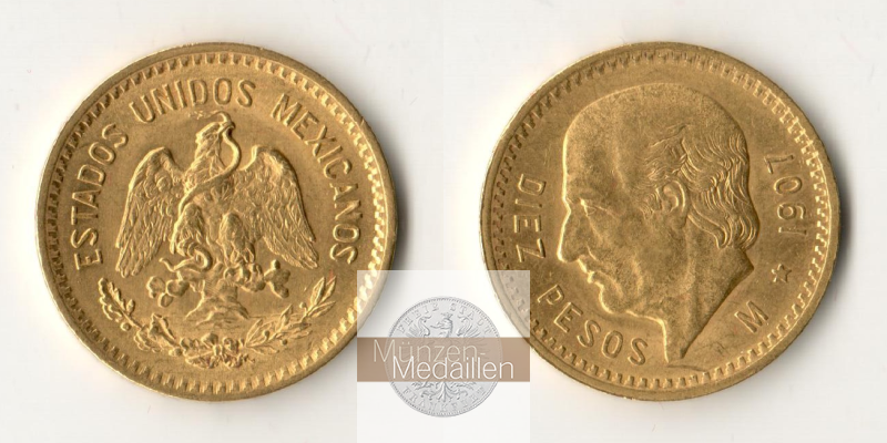 Mexiko MM-Frankfurt Feingewicht: 7,5g 10 Pesos 1907 