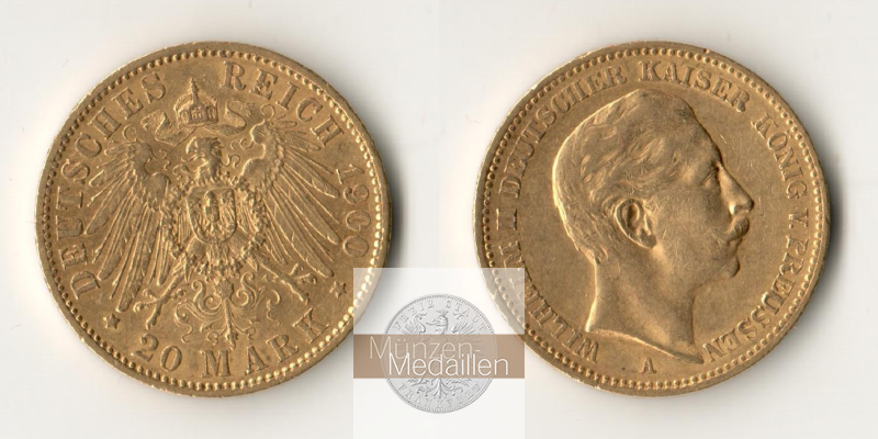 Dt. Kaiserreich, Preussen. Wilhelm II. MM-Frankfurt Feingold: 7,16g 20 Mark 1900 A 