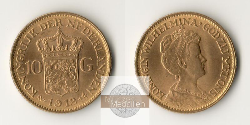 Niederlande, Wilhelmina I MM-Frankfurt KM#149 Feingold: 6,05g 10 Gulden (1911-1917) 1912 