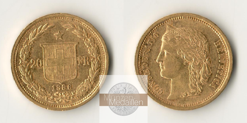Schweiz MM-Frankfurt Feingewicht: 5,81g 20 Francs 1886 