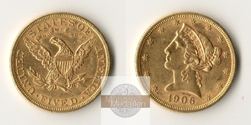  USA 5 Dollars (Coronet Head) 1906 (1866-1908) MM-Frankfurt KM#101 Feingold: 7,524g   