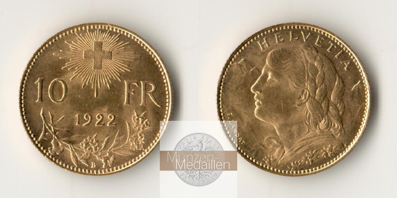 Schweiz  10 sFR MM-Frankfurt Feingold: 2,90g 1/2 Vreneli 1922 B 