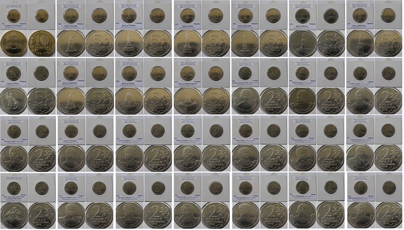  2012,Russia, commemorative issue 28 pcs 2-5-10 rubles coins: Napoleonic War of 1812   
